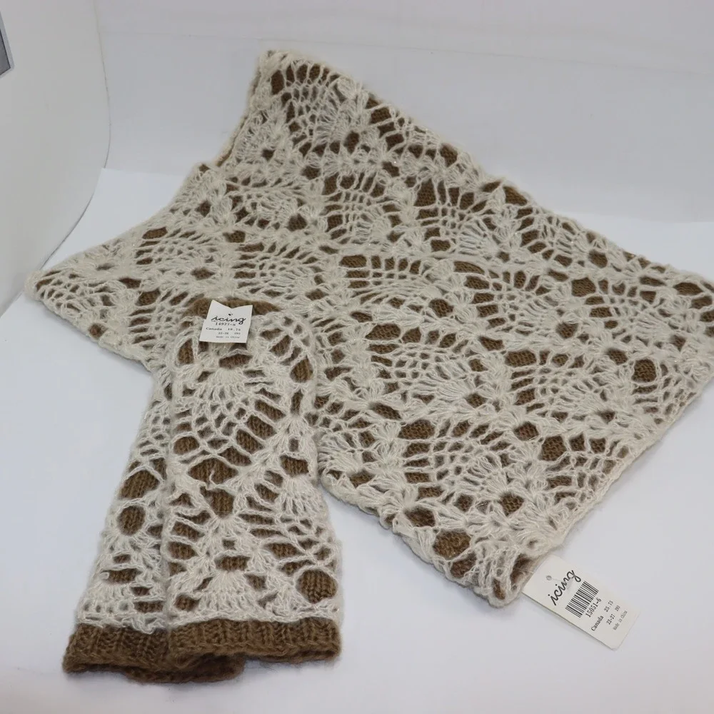 Icing Scarf & Arm Warmers OS Brown/Cream Womens Crochet Knit Winter Set